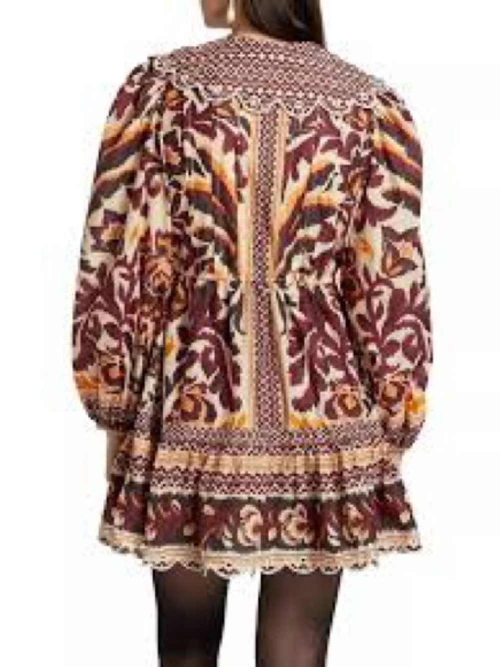 Farm Rio Boho Printed Long-Sleeve Mini Dress in Burgundy and Mustard - Picture 5 of 6
